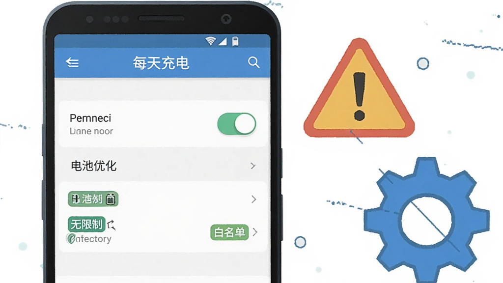 一部安卓手机屏幕显示“每天充电”APP的设置页面,包含权限开关和电池优化选项,手机旁边有警示图标和齿轮元素,布局为左右分栏,风格为科技感扁平插画,细节突出“无限制”和“白名单”文字标签,画质清晰干净,无多余元素