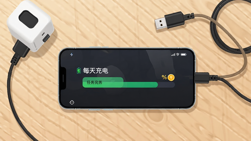 一部手机平放在木质桌面上,屏幕显示“每天充电”APP的充电任务进度条和金币图标,旁边有充电器和数据线,画面采用俯视角度,布局居中,风格为现代简约数码插画,细节突出电量百分比和任务完成状态,画质明亮干净,无多余元素