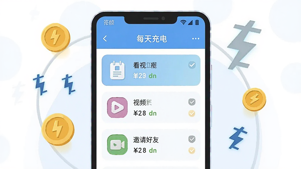 一部安卓手机屏幕特写,显示“每天充电”APP的任务列表页面,包含签到、看视频、邀请好友等图标,手机周围环绕着电量符号和金币元素,布局为居中展示,风格为清新扁平化UI插画,细节包括任务完成勾选标记和奖励数值,画质清晰干净,无多余元素