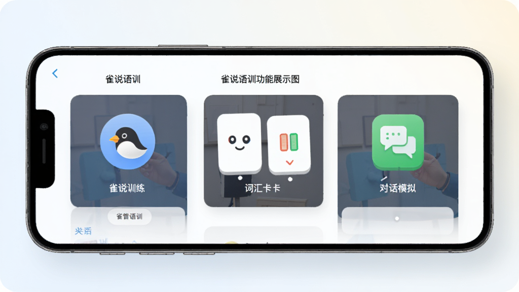 雀说语训功能展示图,画面以手机界面为主,展示发音训练、词汇卡片、对话模拟三个模块的图标和界面截图,布局整齐,风格简洁现代,细节清晰,画质高清,干净无杂乱元素,背景为浅色渐变,突出软件名称“雀说语训”