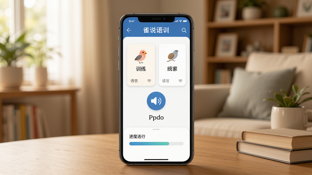 雀说语训软件主界面展示,画面中央是一部智能手机,屏幕上显示着雀说语训的应用程序界面,界面包含语言训练卡片、发音练习图标和进度追踪条,背景是温馨的居家环境,光线柔和,风格写实,细节清晰,画质高清,干净整洁,无多余元素