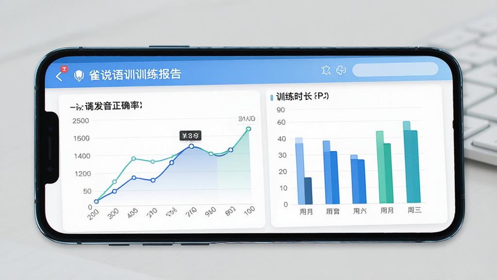 雀说语训训练报告界面,手机屏幕显示折线图和柱状图,展示用户一周内的发音正确率和训练时长变化,界面配色清新,图表清晰,风格专业简洁,画质高清,干净无多余装饰