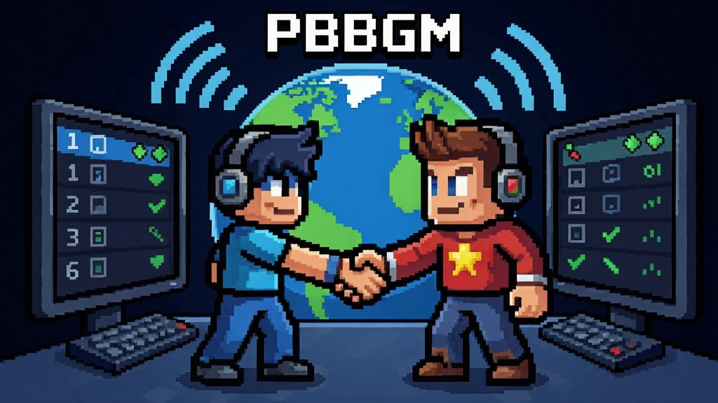 一张描绘“PBBGM”在线对战大厅的图片,画面中央是两个像素角色隔着屏幕握手,背景是地球与网络信号波纹,布局采用圆形环绕式构图,风格为科技感像素风,细节包含屏幕上的排名列表与连接状态图标,画质清晰干净,无多余元素