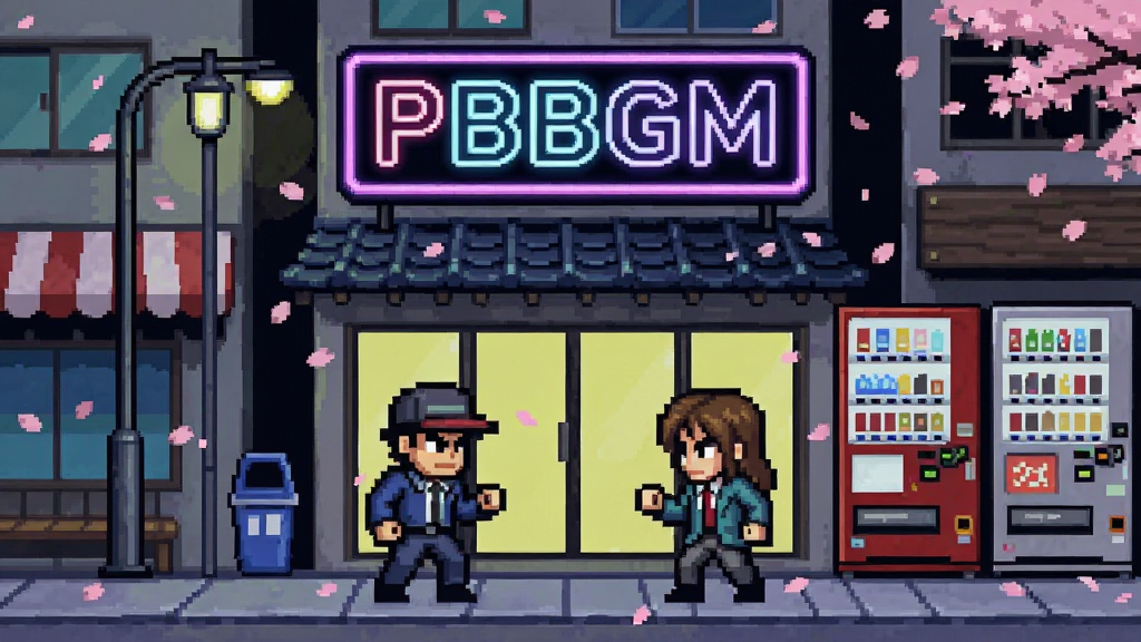 一幅像素风格的日式街道场景图,画面中“PBBGM”字样以霓虹灯招牌形式出现在建筑上方,主体为两名像素角色正在对峙,布局采用对称式构图,风格为16位复古像素画,细节包含路灯、自动贩卖机和飘落的樱花花瓣,画质清晰干净,无多余元素