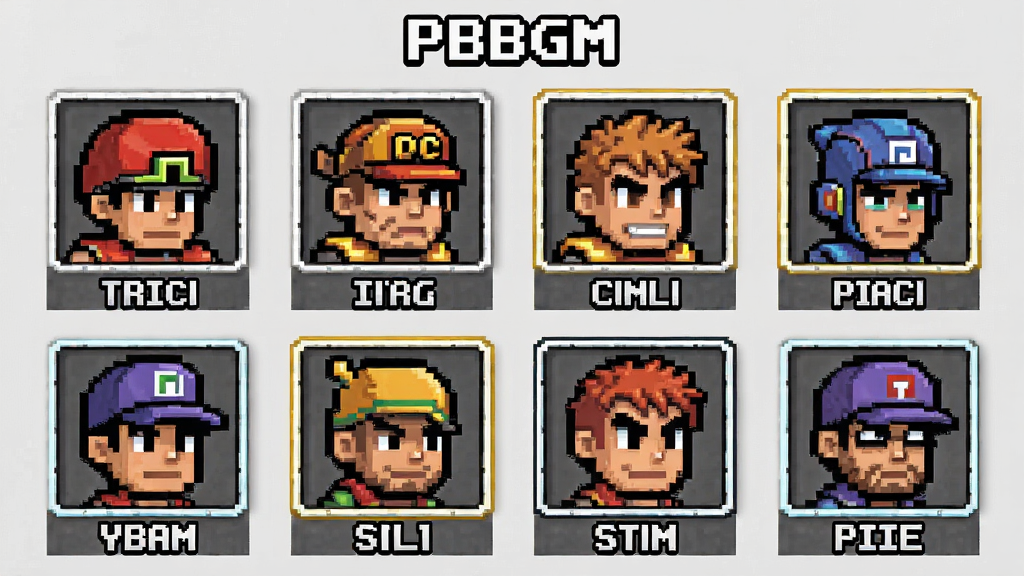一张展示“PBBGM”游戏角色选择界面的图片,画面采用网格布局排列着六位不同造型的像素角色头像,排版整齐有序,风格为复古游戏UI界面,细节包含每个头像下方的名字标签与选中高亮框,画质清晰干净,无多余元素