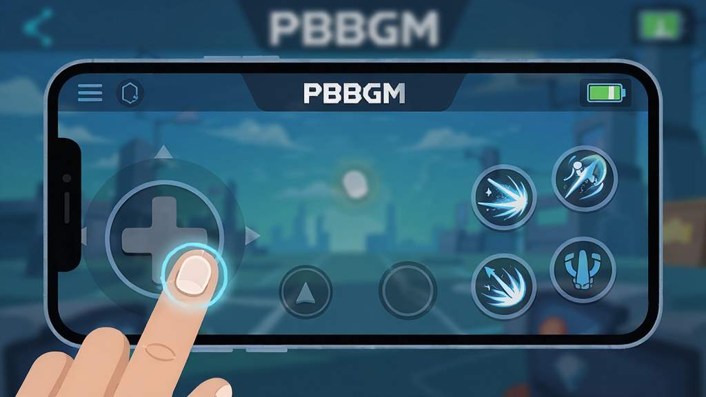 一张以“PBBGM”游戏界面为背景的手机操作示意图,画面主体是一部横向握持的智能手机,屏幕上显示虚拟摇杆与技能按键,布局采用居中特写排版,风格为扁平化科技插画,细节包含手指触控的高亮反馈与电量图标,画质清晰干净,无多余元素