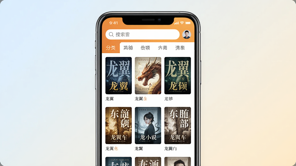一张展示龙翼小说软件界面的手机样机图,画面中央放置一部竖屏智能手机,屏幕内显示龙翼小说APP的书城首页,包含各类小说封面排列整齐,顶部有搜索栏和分类标签,背景为浅色渐变,风格简洁现代,细节清晰,画质干净,无多余元素
