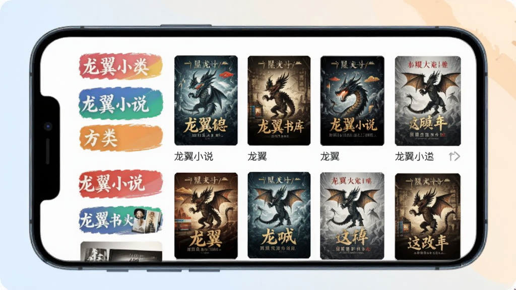 画面展示龙翼小说APP内部书库分类页面,手机屏幕中呈现多个彩色分类标签和小说封面网格,界面布局清晰,背景为柔和浅色调,风格扁平化设计,细节丰富,画质干净,无多余元素