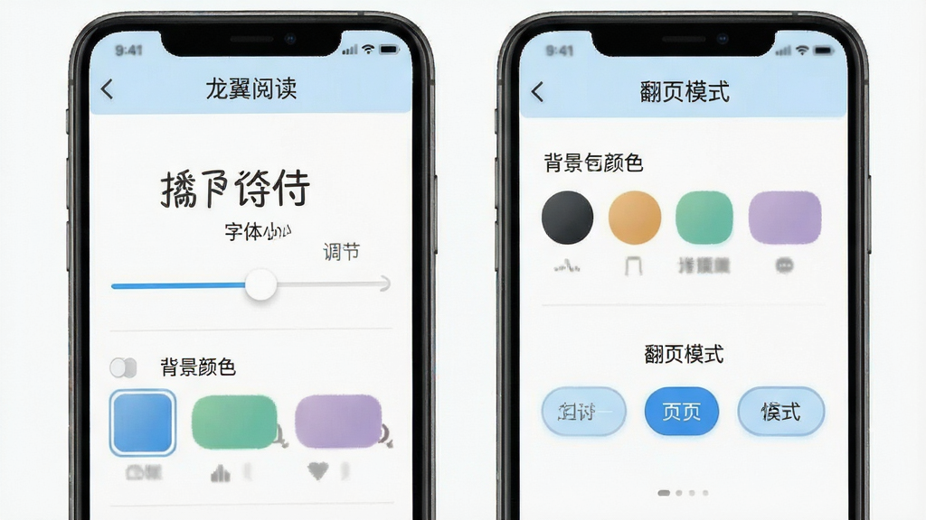 龙翼小说阅读设置界面展示,手机屏幕中呈现字体大小调节滑块、背景颜色选项和翻页模式选择按钮,界面布局合理,风格清新,细节清晰,画质干净,无多余元素