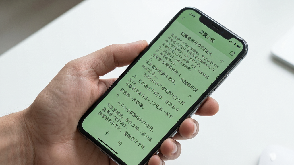 展示龙翼小说在手机上流畅运行的场景图,手机屏幕显示小说阅读页面,文字排版舒适,背景为护眼绿色,画面整体干净整洁,风格简约,细节清晰,画质干净,无多余元素