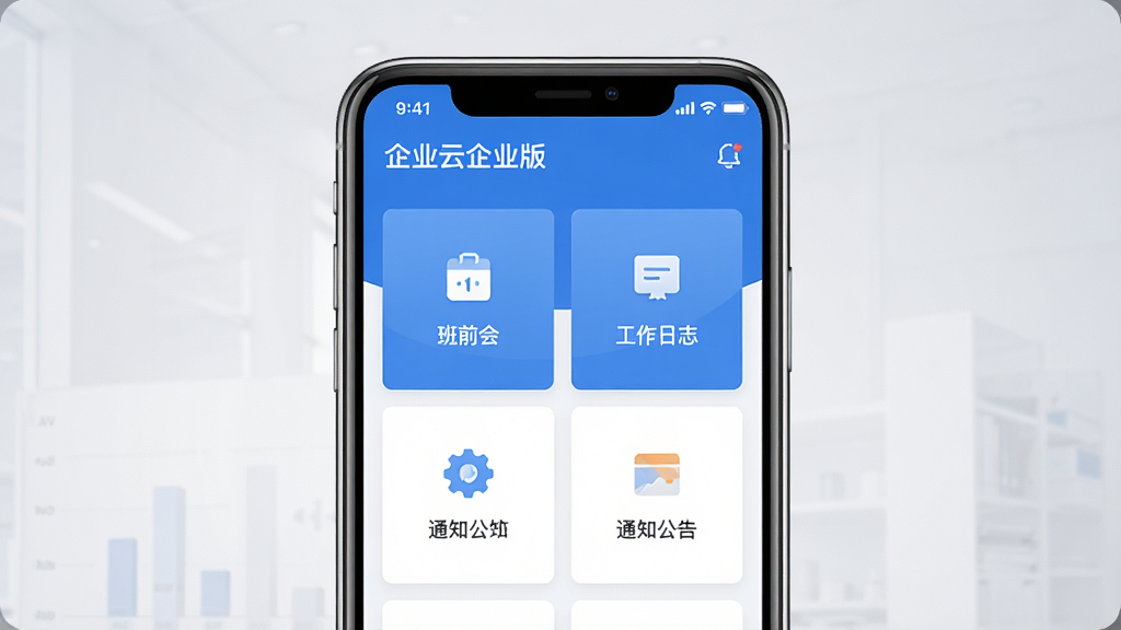 润吧云企业版手机应用主界面展示,画面中央放置一部智能手机,屏幕显示蓝色调的企业办公管理后台首页,包含班前会、工作日志、通知公告等功能模块图标,背景为浅灰色渐变,风格简洁商务,画面干净清晰,无多余元素,高清画质