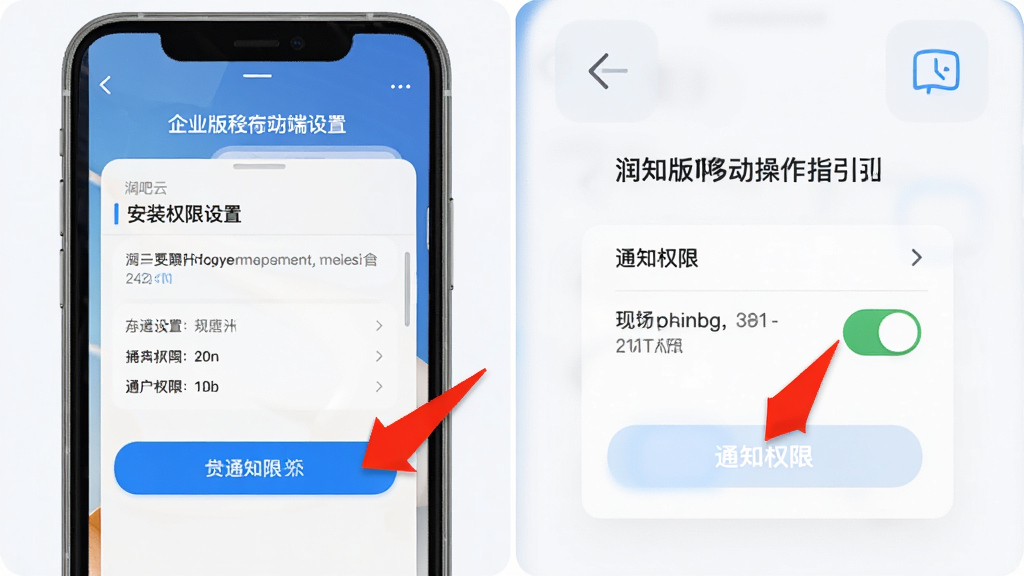 润吧云企业版移动端操作指引图,手机屏幕显示安装权限设置界面和通知权限开关,画面中有红色箭头指向关键按钮,背景为浅色,风格教程类截图,排版清晰明了,画质干净,无多余元素