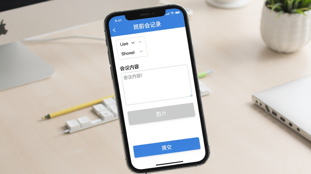 润吧云企业版班前会上传功能界面,手机屏幕显示班前会记录表单,包含日期选择、会议内容输入框、图片上传按钮和提交按钮,背景为浅色办公桌面,风格简洁实用,排版清晰,画质干净,无多余装饰元素