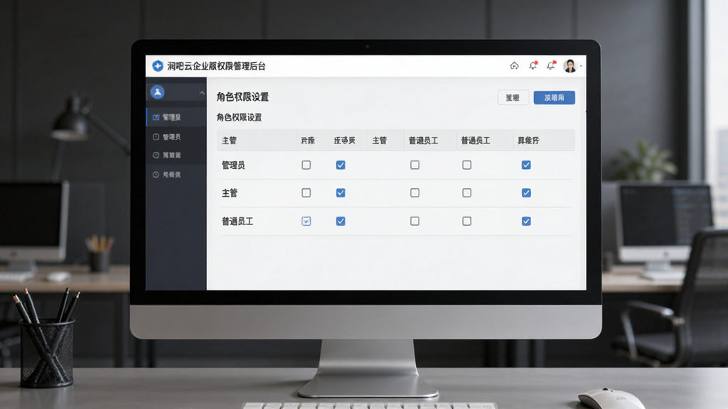 润吧云企业版权限管理后台界面,电脑屏幕显示角色权限设置表格,包含管理员、主管、普通员工三个层级的权限勾选列表,背景为深灰色办公环境,风格商务专业,排版规整,画质干净无杂乱元素