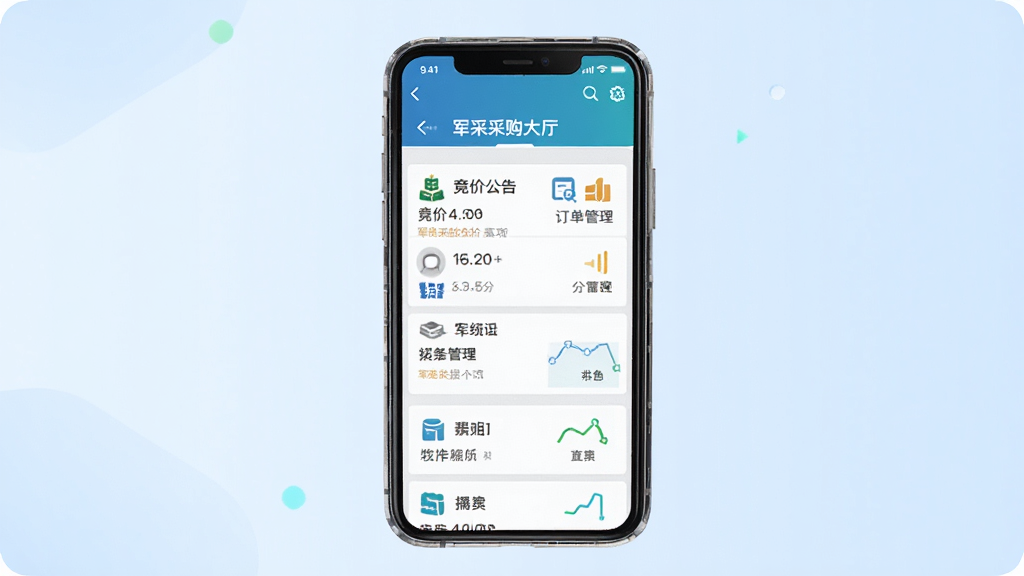 政采云军采版移动端应用界面展示,画面中央为手机屏幕,屏幕内显示军采采购大厅列表,包含竞价公告、订单管理等模块,布局简洁清晰,背景为浅蓝色渐变,风格商务科技感,细节包含图标与文字排版整齐,画质高清,干净,无多余元素