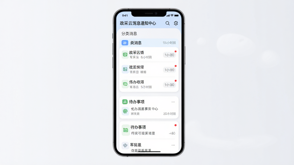 政采云军采版消息通知中心界面,画面中央为手机屏幕,屏幕内显示分类消息列表与待办事项卡片,布局采用纵向列表,风格柔和圆角,细节包含红点提醒与时间标签,画质高清,干净,无多余元素