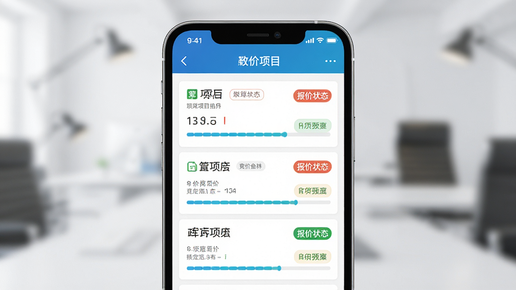 政采云军采版竞价管理界面示意图,画面中央为手机屏幕,屏幕内展示竞价项目列表与报价状态标签,布局采用上下结构,风格简洁明快,细节包含状态标签与进度条,画质高清,干净,无多余元素