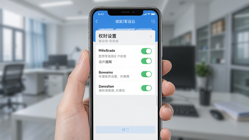 政采云军采版手机端操作示意图,画面主体为手持手机展示应用权限设置界面,布局采用中心构图,风格简洁实用,细节包含权限开关与提示文字,画质高清,干净,无多余元素