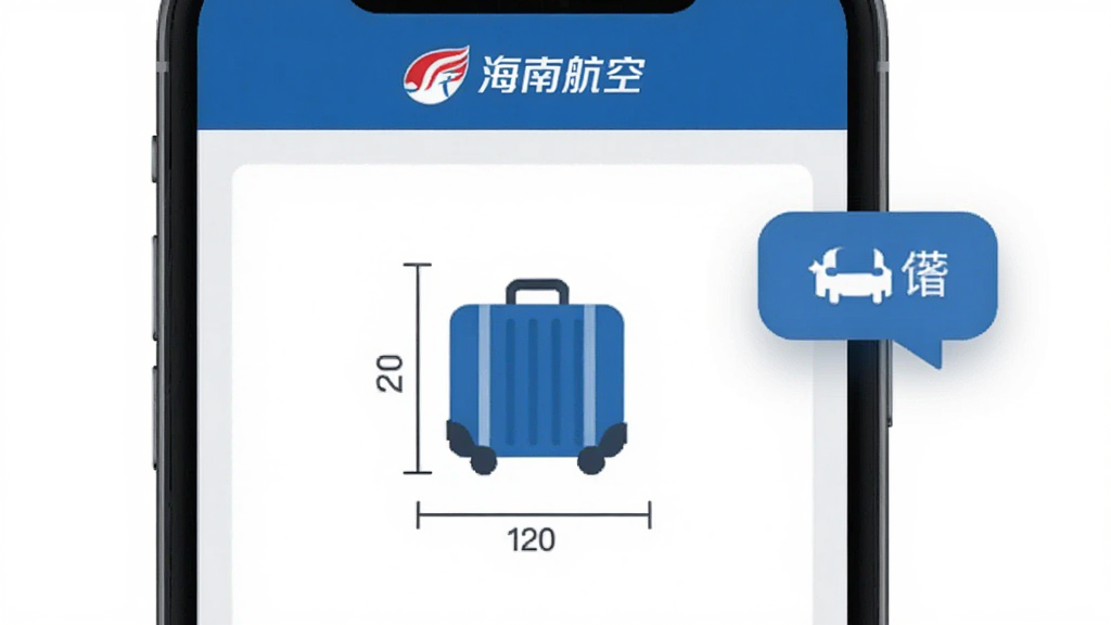 手机屏幕展示海南航空App的行李规定页面,页面中有行李箱图标与尺寸标注文字,旁边有客服对话框浮动图标,顶部有“海南航空”标识。整体风格为商务简洁,色调以蓝白灰为主,画面干净,画质清晰,无多余装饰。
