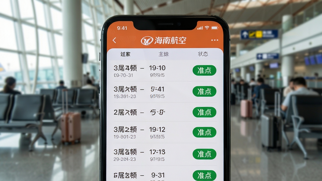 手机屏幕显示海南航空App航班动态界面,列表中展示多个航班号、起降时间与状态标签,部分标签用绿色显示“准点”,顶部有“海南航空”品牌字样。背景为机场候机大厅虚化场景,画面风格写实,色彩自然,画质高清,无多余元素。