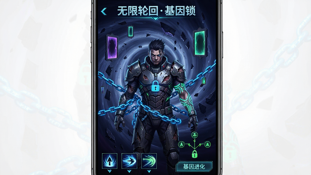 手机屏幕竖版布局展示一款暗黑科幻风格的角色扮演游戏界面,画面中央一位身穿破损装甲的觉醒者角色被蓝色基因锁链环绕,背景是破碎的轮回漩涡与漂浮的副本入口,顶部显示游戏名称“无限轮回基因锁”,底部排列技能图标与基因进化树按钮,整体色调以深蓝、暗紫、荧光绿为主,风格偏赛博朋克与克苏鲁融合,细节包括锁链上的符文纹理与角色手臂上的发光基因纹路,画质高清,干净,无多余元素