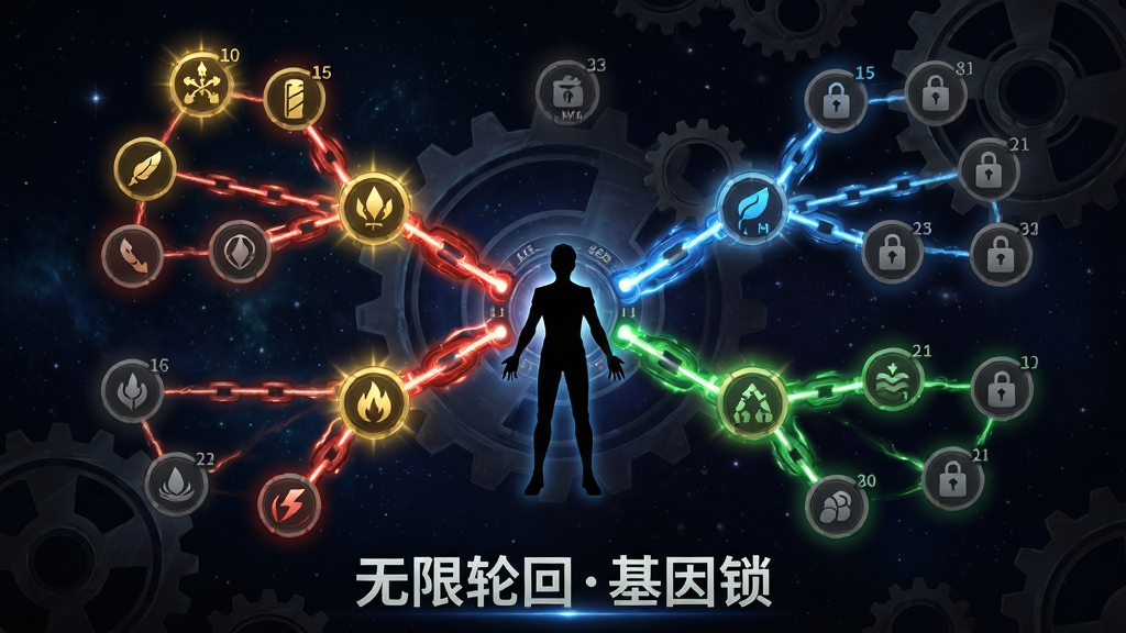 游戏功能界面展示一张基因锁链进化树状图,中心是角色剪影,向外延伸出红色、蓝色、绿色三条主锁链,每条锁链上分布着不同图标代表能力节点,已解锁节点发出金色光芒,未解锁节点呈灰暗状态,背景是深邃星空与轮回齿轮,底部有“无限轮回基因锁”字样,风格为科幻奇幻混合,细节包括节点旁的等级数字与连接线的能量流动效果,画质清晰,干净,无多余元素