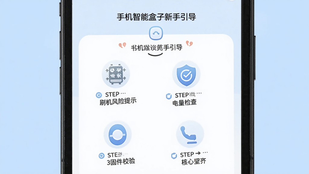 一部手机显示手机智能盒子的新手引导页面,页面上有刷机风险提示、电量检查、固件校验等步骤图标,背景为柔和的浅蓝色,布局清晰,风格简洁友好,画质干净,无多余元素