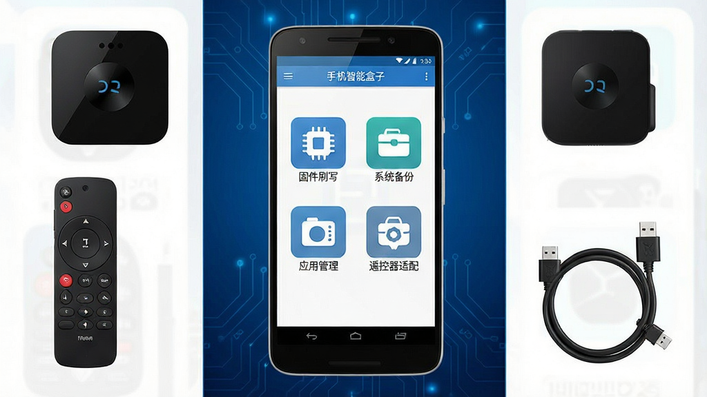 一张展示手机智能盒子软件主界面的图片,画面中央放置一部安卓手机,手机屏幕显示手机智能盒子应用界面,界面上有固件刷写、系统备份、应用管理、遥控器适配四个功能图标,背景为深蓝色渐变科技风格,手机周围环绕着电视盒子、遥控器、USB数据线等设备元素,整体布局居中对称,风格简洁现代,画质清晰干净,无多余元素