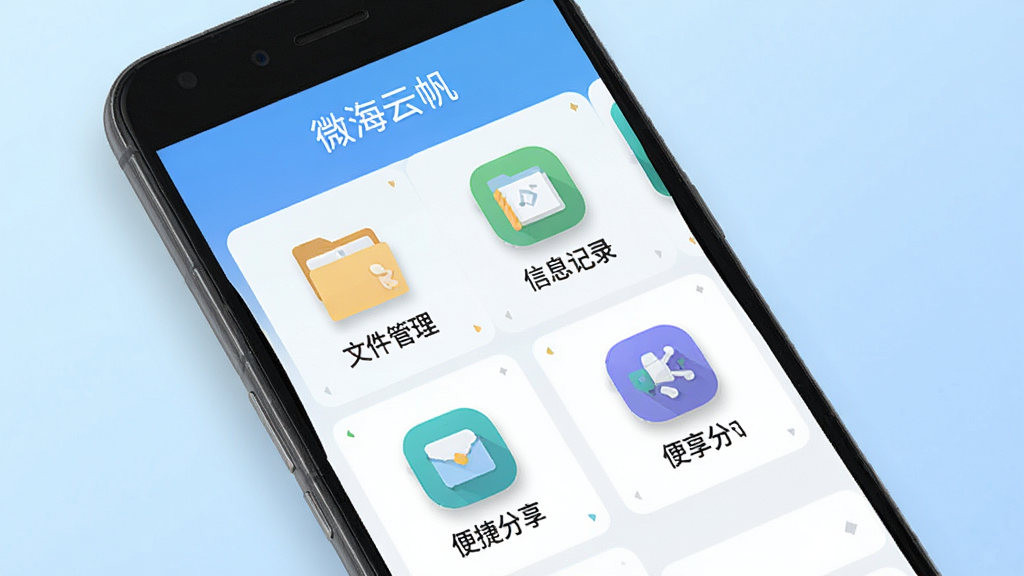 主体为一部安卓手机屏幕,屏幕上展示“微海云帆”软件的主界面,界面中包含文件管理、信息记录、便捷分享等图标模块;布局采用居中构图,手机略微倾斜展示,背景为浅蓝色渐变;排版清晰,图标排列整齐;风格为扁平化科技风,色彩明亮柔和;细节上屏幕内文字清晰可辨,图标带有轻微投影;画质为高清2K,干净无多余元素。