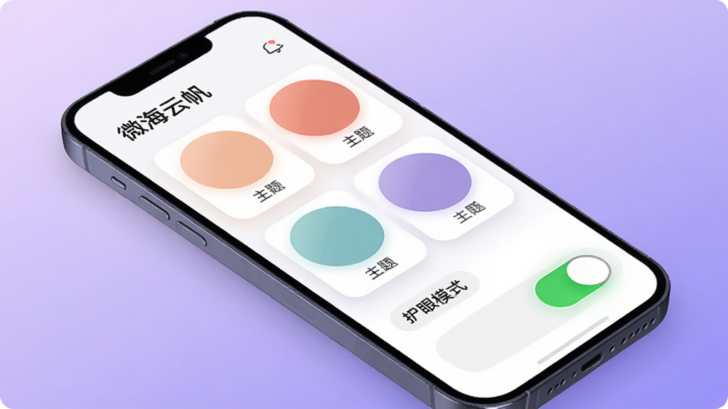 主体为“微海云帆”主题设置界面,手机屏幕展示多款主题色块和护眼模式开关;布局为手机斜放,背景为柔和的渐变紫色;排版清晰,主题选项以圆形色块排列;风格为柔和圆角设计,温馨舒适;细节上护眼模式开关带有绿色高亮,色块边缘圆润;画质高清,干净无多余元素。