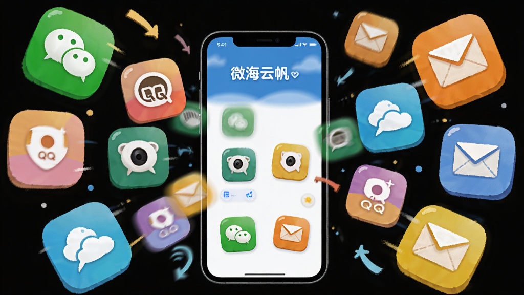 主体为“微海云帆”分享功能界面,手机屏幕显示多个分享渠道图标,如微信、QQ、邮件等;布局为手机居中,分享图标从屏幕向外扩散排列;排版富有动感,图标大小错落有致;风格为活泼明快的插画风,色彩丰富但不刺眼;细节上图标带有圆角矩形底板,整体协调;画质高清,干净无多余元素。