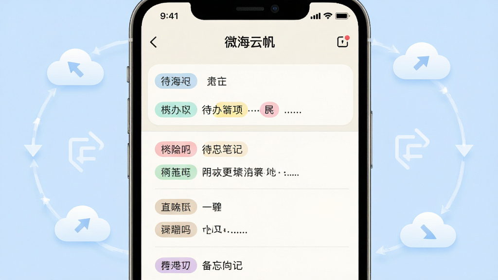 主体为“微海云帆”信息记录界面截图,屏幕中央显示一条条待办事项和备忘笔记,带有彩色标签分类;布局采用手机正面平铺展示,四周环绕轻量化的云朵和同步箭头图标;排版整齐,条目之间有清晰分割线;风格为清新浅色系,背景为淡雅米白;细节上文字清晰,标签颜色柔和;画质高清,干净无多余元素。