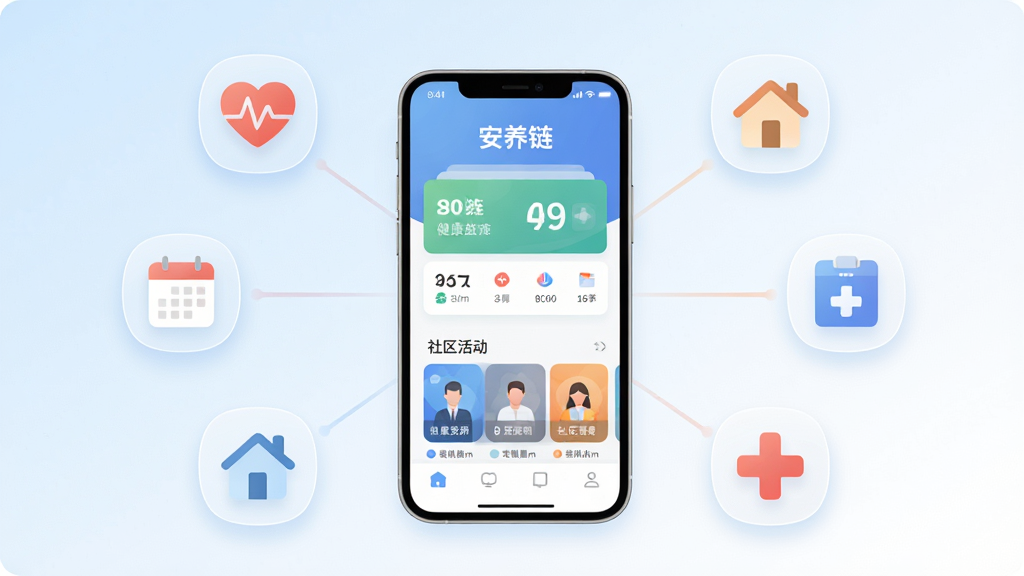 画面中央放置一部智能手机,屏幕显示“安养链”APP首页界面,界面包含健康数据卡片和社区活动入口。手机周围环绕半透明的图标元素,如心率监测、日历提醒、社区房屋、医疗十字等,以柔和线条连接。整体布局采用中心辐射式构图,背景为浅蓝到白色的渐变。风格为扁平化科技插画,细节处理干净,图标边缘圆润。画质清晰,无多余装饰,整体氛围温馨专业。