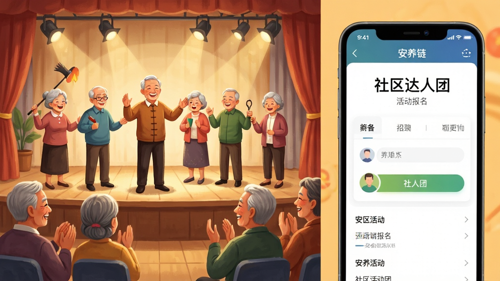 画面展示一个社区活动中心场景,多位中老年人在舞台上表演才艺,台下观众鼓掌。画面一角叠加手机屏幕,显示“安养链”APP的活动报名页面,页面标题为“社区达人团”。整体布局为左右分栏,左侧是活动实景插画,右侧是手机界面特写。风格为温暖写实插画,细节包括人物笑容、舞台灯光、手机UI元素。画质细腻,色彩明快,无杂乱元素。