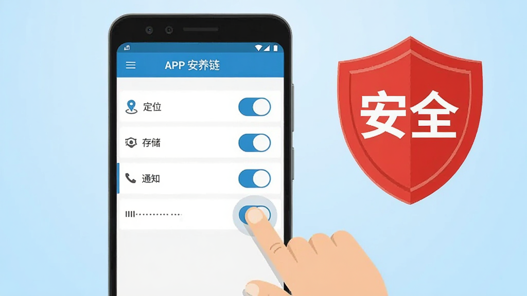 画面展示一部安卓手机屏幕,屏幕上方显示“安养链”APP的权限设置界面,有定位、存储、通知等开关按钮。手机旁边有一个醒目的红色盾牌图标,盾牌上写有“安全”二字。背景为浅蓝色渐变,手机下方有手指点击屏幕的插画动作。风格为扁平化安全提示插画,细节清晰,画质干净,无多余元素。