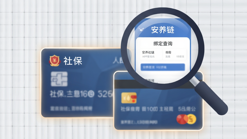 画面中央是一张放大的社保卡和银行卡并排图案,卡片表面有柔和的发光效果。卡片上方悬浮一个放大镜图标,放大镜内显示“安养链”APP的绑定查询界面,界面文字清晰。背景为浅灰色网格纹理。风格为现代商务扁平插画,细节处理简洁,卡片边缘有细微高光。画质干净,无多余元素,整体色调沉稳。