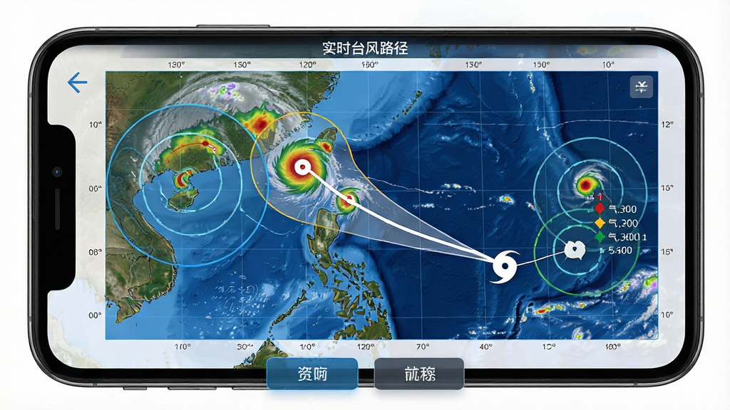 一张手机屏幕展示实时台风路径软件主界面,中央是蓝色海洋与白色台风路径曲线,周围环绕风力圈和气压数值,顶部显示软件名称“实时台风路径”,底部有功能按钮,布局简洁清晰,风格写实科技感,细节包含云图纹理和坐标网格,画质高清,干净,无多余元素