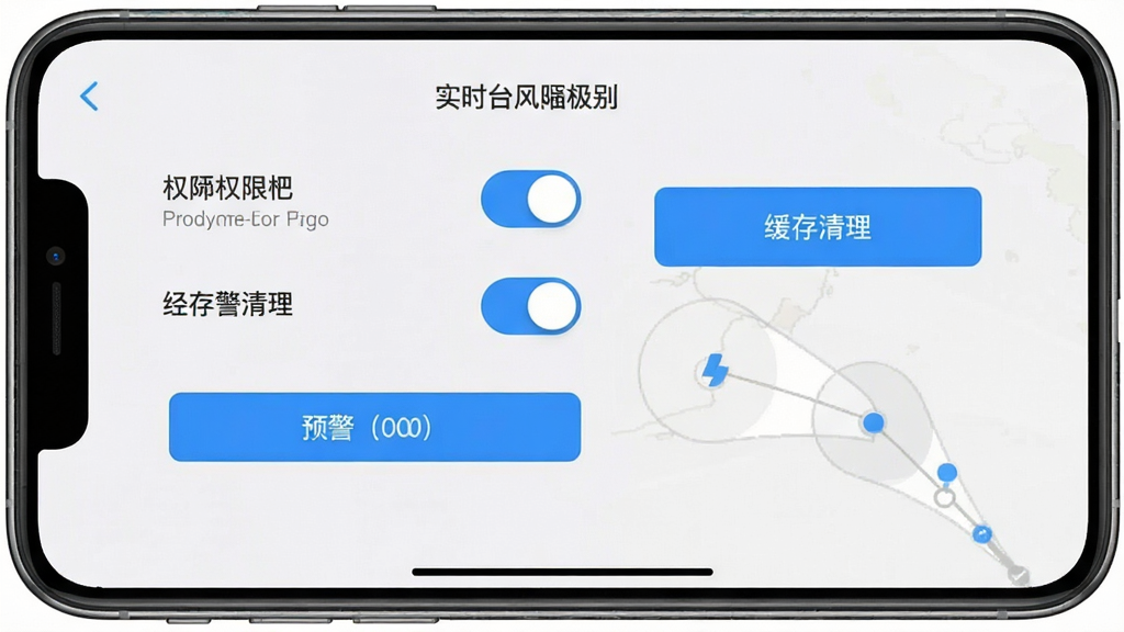 一张手机截图展示实时台风路径软件的设置页面,包含权限开关、缓存清理按钮和预警级别选项,界面风格清爽浅色,细节有蓝色高亮按钮和灰色说明文字,画质清晰,干净,无多余元素