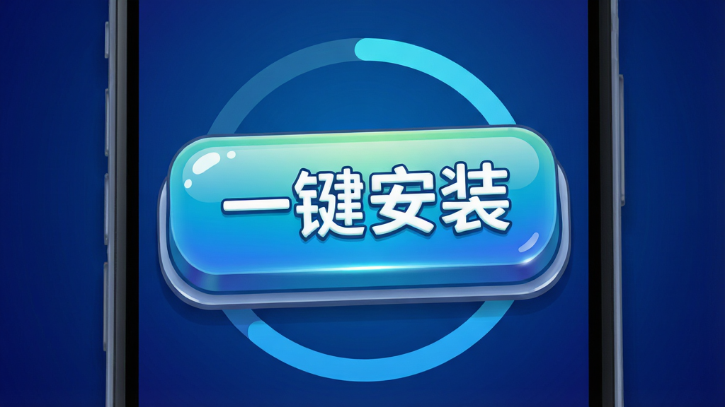一张展示一键安装功能的图片,主体为手机屏幕中央的大号安装按钮,布局为按钮占画面中心位置,排版突出按钮的立体感和光泽,风格为卡通科技风,细节包括按钮上写有“一键安装”字样、周围环绕进度环、背景为深蓝色渐变,画质高清干净无多余元素