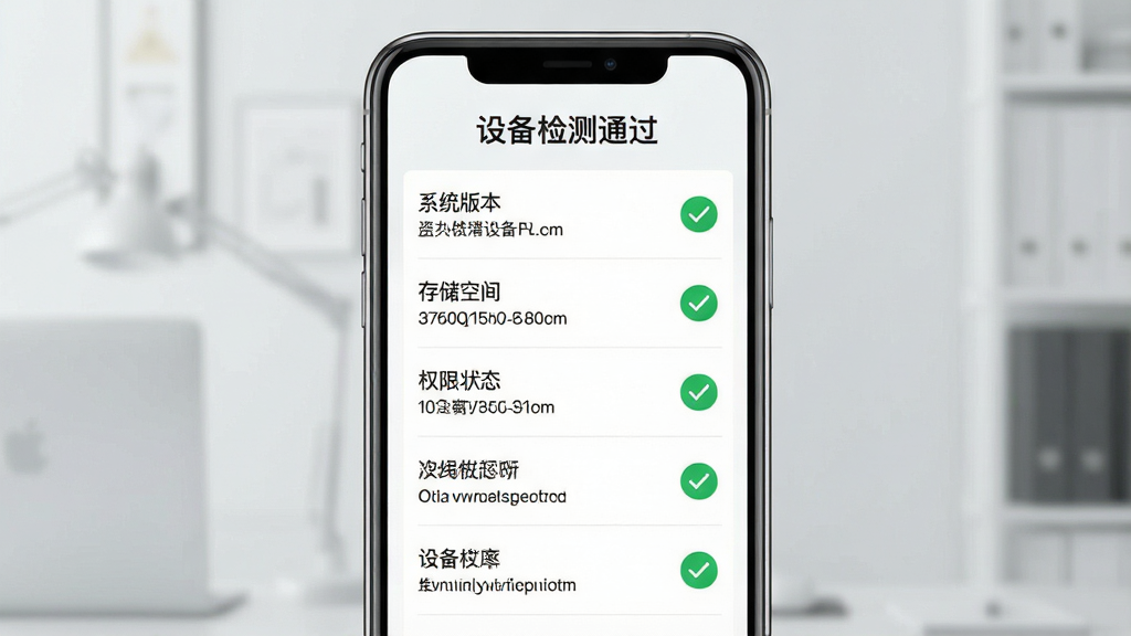 一张展示设备适配检测功能的图片,主体为手机屏幕显示设备信息检测结果,布局为列表形式从上到下排列,排版整齐清晰,风格为简约商务风,细节包括检测项有系统版本、存储空间、权限状态等,每项右侧有绿色对勾图标,顶部写有“设备检测通过”,画质高清干净无多余元素