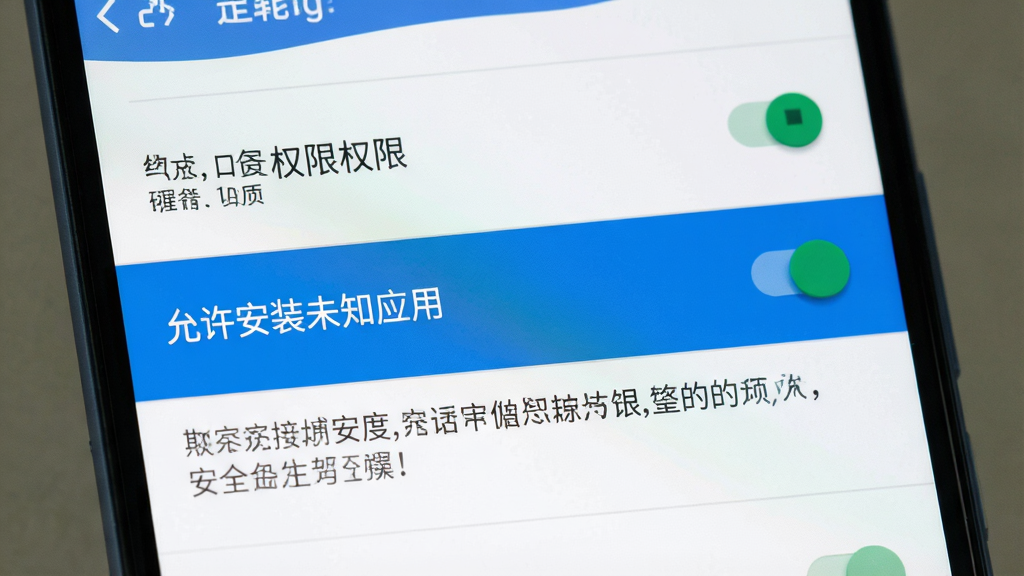 一张展示手机安装权限设置界面的图片,主体为安卓手机设置页面,布局为权限开关列表,排版清晰直观,风格为原生安卓Material Design风格,细节包括“允许安装未知应用”开关高亮显示为开启状态、下方有安全提示文字,画质高清干净无多余元素