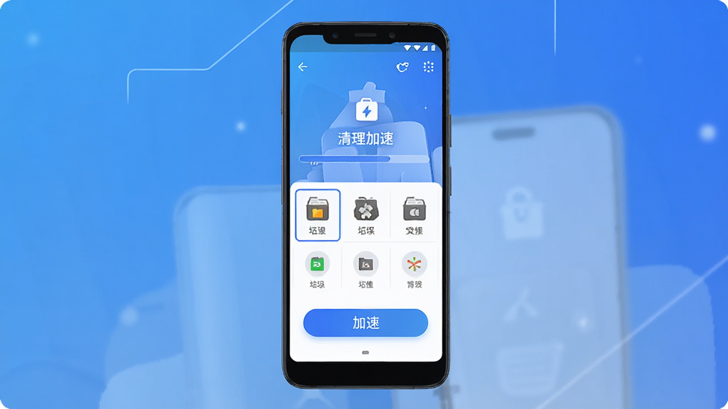 手机一键清理加速软件主界面展示,主体为一台安卓手机屏幕显示清理加速界面,布局居中,排版为竖版海报风格,风格为科技简约风,细节包括蓝色渐变背景、清理进度条、垃圾文件图标、加速按钮,画质高清,干净,无多余元素