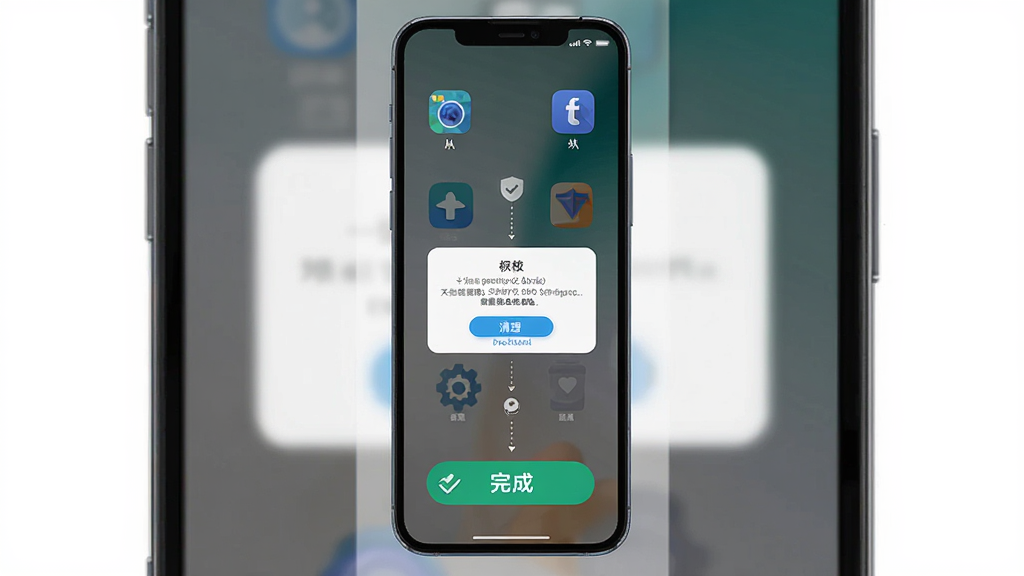 手机一键清理加速新手操作步骤示意图,主体为手机屏幕显示从安装到清理完成的流程图,布局为竖向排列,排版为步骤引导风格,风格为简洁教程风,细节包含安装图标、权限弹窗、清理按钮、完成提示,画质清晰,干净,无多余元素