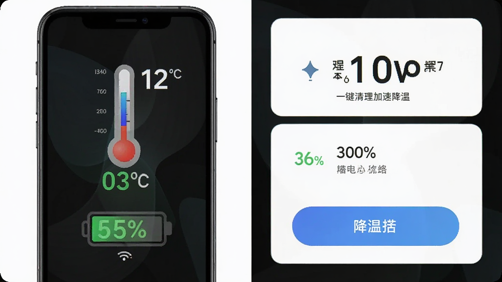 手机一键清理加速降温省电功能展示,主体为手机屏幕显示温度计与电池图标,布局为左右分栏,排版为功能卡片风格,风格为清爽简洁,细节包含温度数值、电池百分比、降温按钮,画质高清,干净,无多余元素