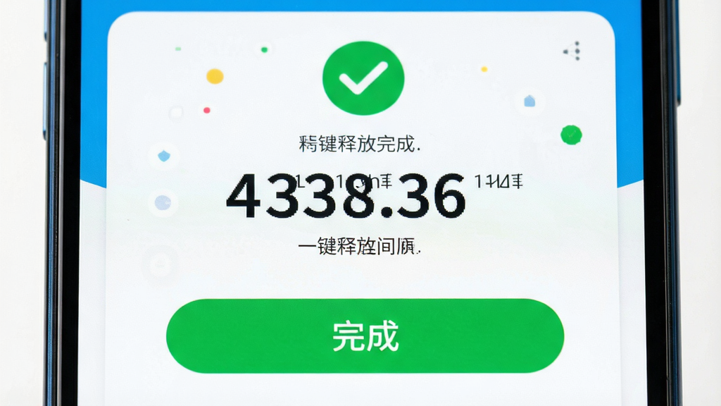 手机一键清理加速一键清理功能展示,主体为手机屏幕显示清理完成界面与释放空间数字,布局为居中特写,排版为操作结果展示风格,风格为清新明快,细节包含绿色对勾图标、释放空间数值、完成按钮,画质高清,干净,无多余元素