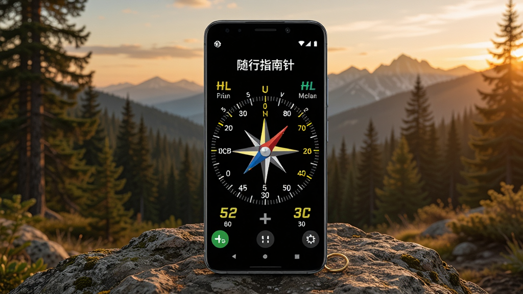 一张展示随行指南针户外环境适配优化功能的AI生成图片,画面主体是一部安卓手机放置在岩石上,屏幕显示指南针表盘与高对比度方位文字,背景为森林与远山,光线为黄昏暖色调,布局为手机居中偏下、自然景观环绕,风格写实户外风,细节包括屏幕内容清晰可见、环境细节丰富,画质高清,干净无多余元素,图片中文字标注“随行指南针”