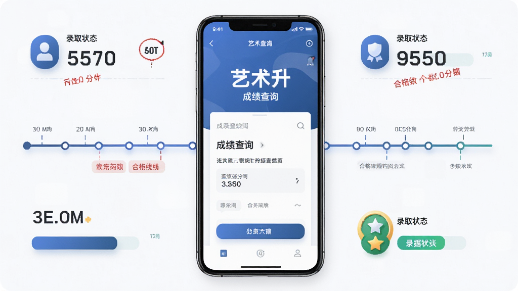 一张信息图表风格的图片,画面中央是一部手机,屏幕显示“艺术升”成绩查询页面,周围环绕着时间轴、分数条、录取状态图标等元素,布局清晰有序,风格商务简洁,细节包括分数数字和合格线标识,画质高清,背景干净无干扰