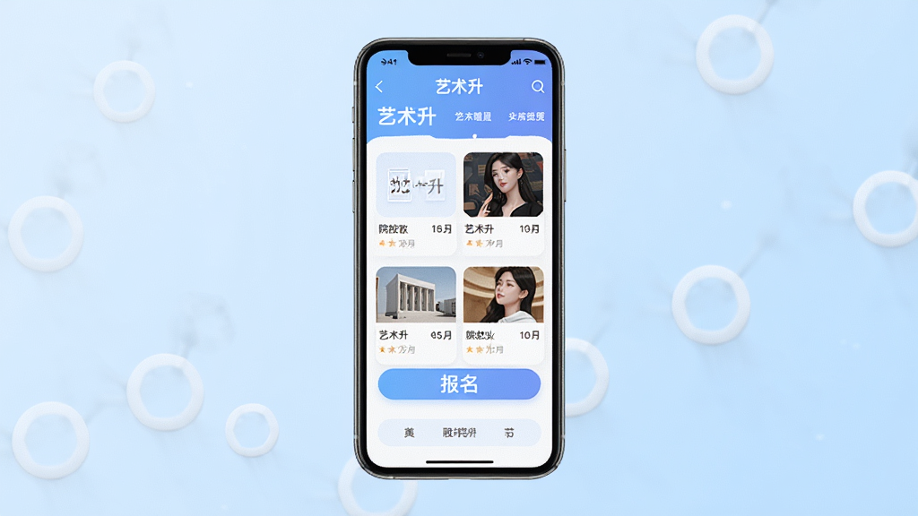 一张展示手机屏幕中艺术升应用界面的图片,手机居中放置,屏幕显示艺术升首页的院校推荐与报名入口,背景为干净的浅蓝色渐变,画面明亮清晰,风格现代简约,细节包括图标按钮文字“艺术升”清晰可见,整体画质高清,无多余元素