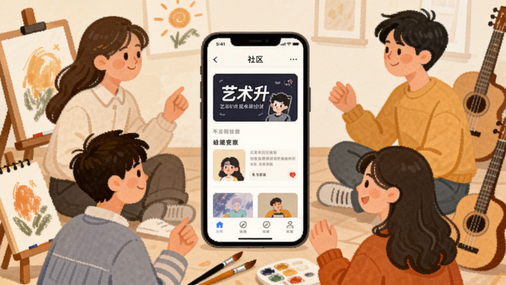 一张温暖插画风格的图片,画面中一群年轻人围坐交流,中间有一部手机显示“艺术升”社区界面,布局为人物环绕手机,风格柔和亲切,细节包括画板、画笔、乐器等艺术元素点缀,画质细腻干净,无多余装饰