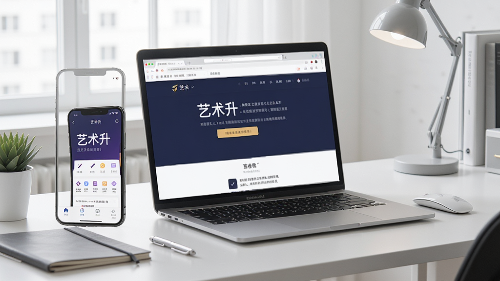 一张展示手机与笔记本电脑协同使用的场景图,手机屏幕显示“艺术升”移动端界面,电脑屏幕显示艺术升网页版报名页面,布局为左右并列,风格现代办公,细节包括桌面整洁、光线明亮,画质清晰干净,无多余物品